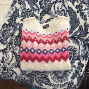 Chaps Women's Sweater with Cream and Pink Geometric Design